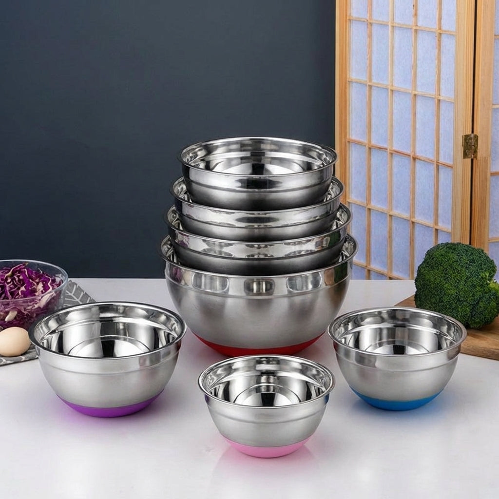Mixing Bowl Set with Silicone Lids, Stainless Steel Metal Bowl with Non Slip Base, Large Salad Bowl and Serving Bowl for Food Prep and Storage