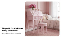 French design Carved Dressing Table with Stool and Mirror Princess Theme Vanity Set Floral Carvings Bedroom Furniture Space-Saving for Teenage Girls, Makeup lovers, Teenagers, Small Apartment, Dorm Room