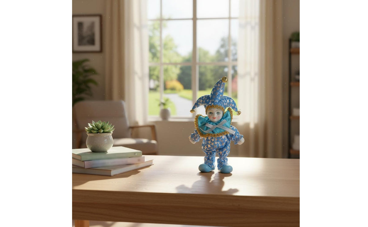Gift Idea Blue Jester Figurine Glitter Trim Star Print Clown Doll Decorative Jester Statue for Display Shelf