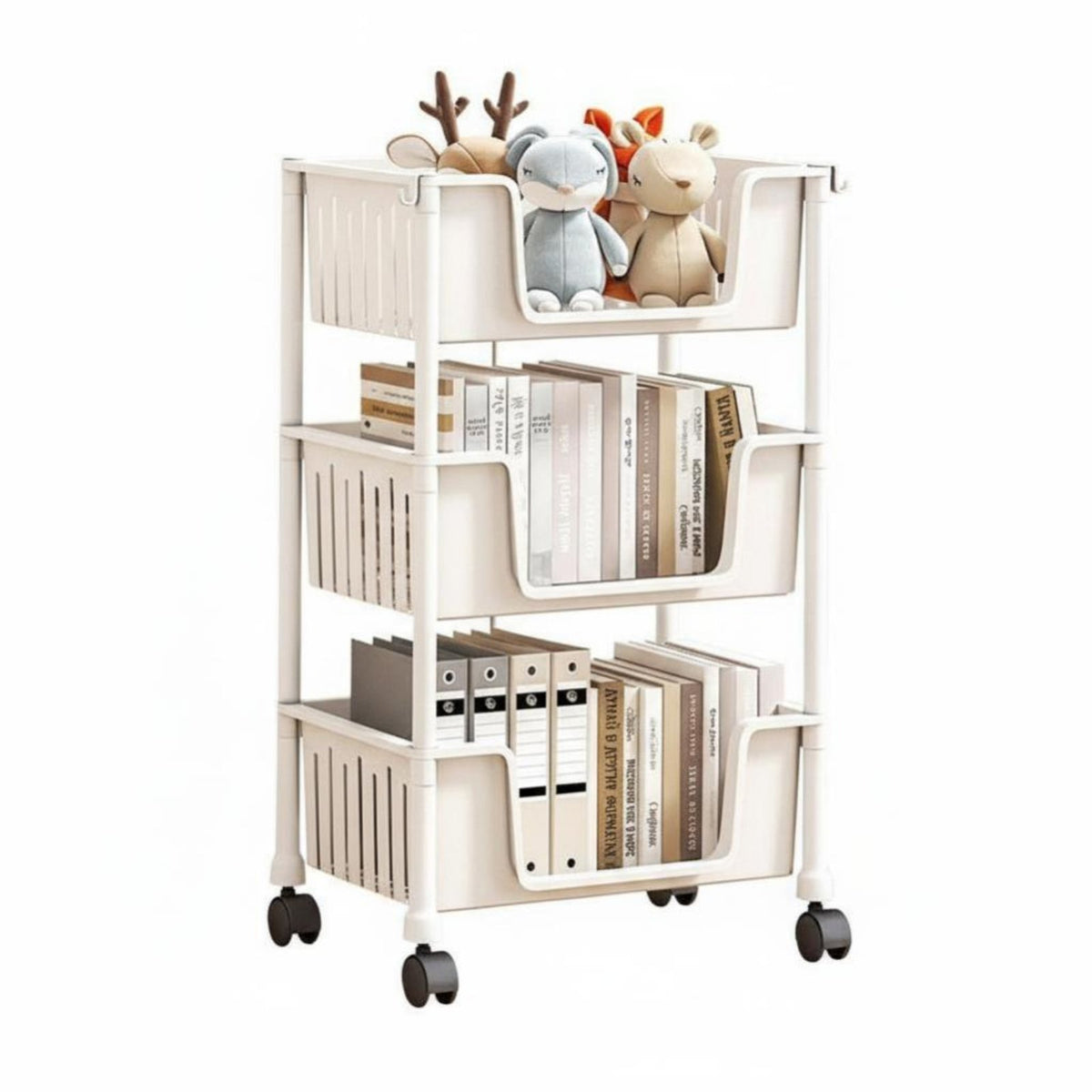 Space-Saving Multi-Tier Rolling Bookshelf with Wheels Multi-Tier Rolling Rack Large Capacity Book Trolley Strong Load-Bearing for Students, Home Office Workers, Teachers, Study Room, Bedroom, Classroom