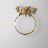 Towel Holder with Bird and Floral Motif Nature-Influenced Towel Loop with Floral Design Gold Hardware for Guest Washroom