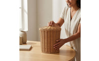 Fitted Lid Lidded Storage Basket Cylindrical Round Rattan Basket Natural Tan Home Organizer Loop Knob