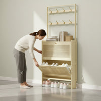 Space-Saving Freestanding Entryway Rack Large Capacity Tip-out Shoe Cabinet Modern Design Slim Shoe Cabinet Coat Rack Breathable Design for Renters, Hallway