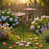 Vintage-Style Iron Bird Feeder Stake Copper-Brown Finish doubleDish Bird Feeder Shallow Round Bowls