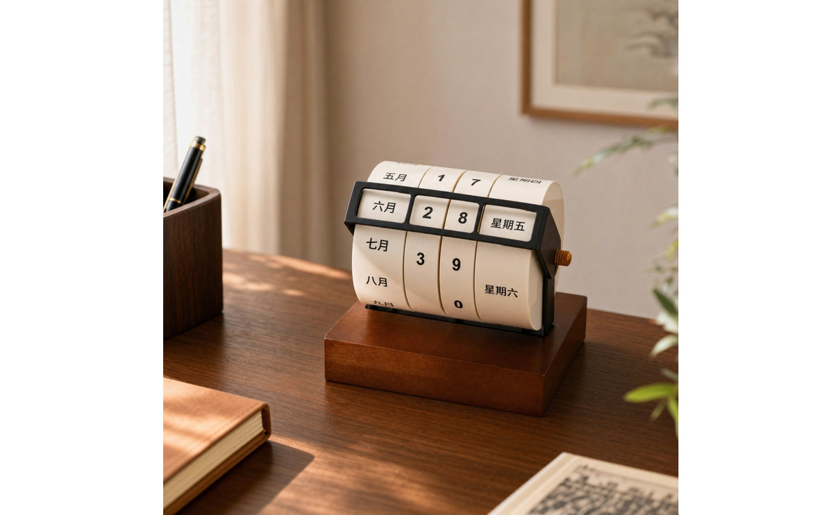 Desktop Perpetual Wheel Calendar Compact Wooden Perpetual Calendar Reusable Space-Saving for Professionals, Students, Office, Study, Reception