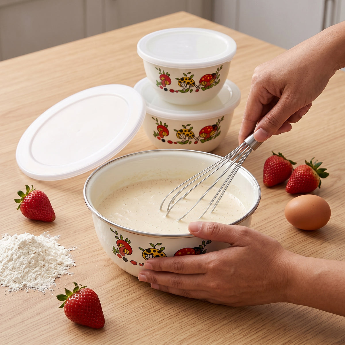 Enamel Mixing Bowl Set with Stainless Steel Rim, Thickened Design, Various Patterns