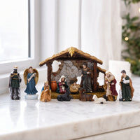 Christmas Nativity Scene Set Holiday Tabletop Nativity Hand-Painted Stable with Figurines Rustic for Collectors, Mantel, Bookshelf