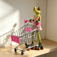 Frog Figurine with Shopping Cart Charming Miniature Shopping Cart Figurine Statue for Desk
