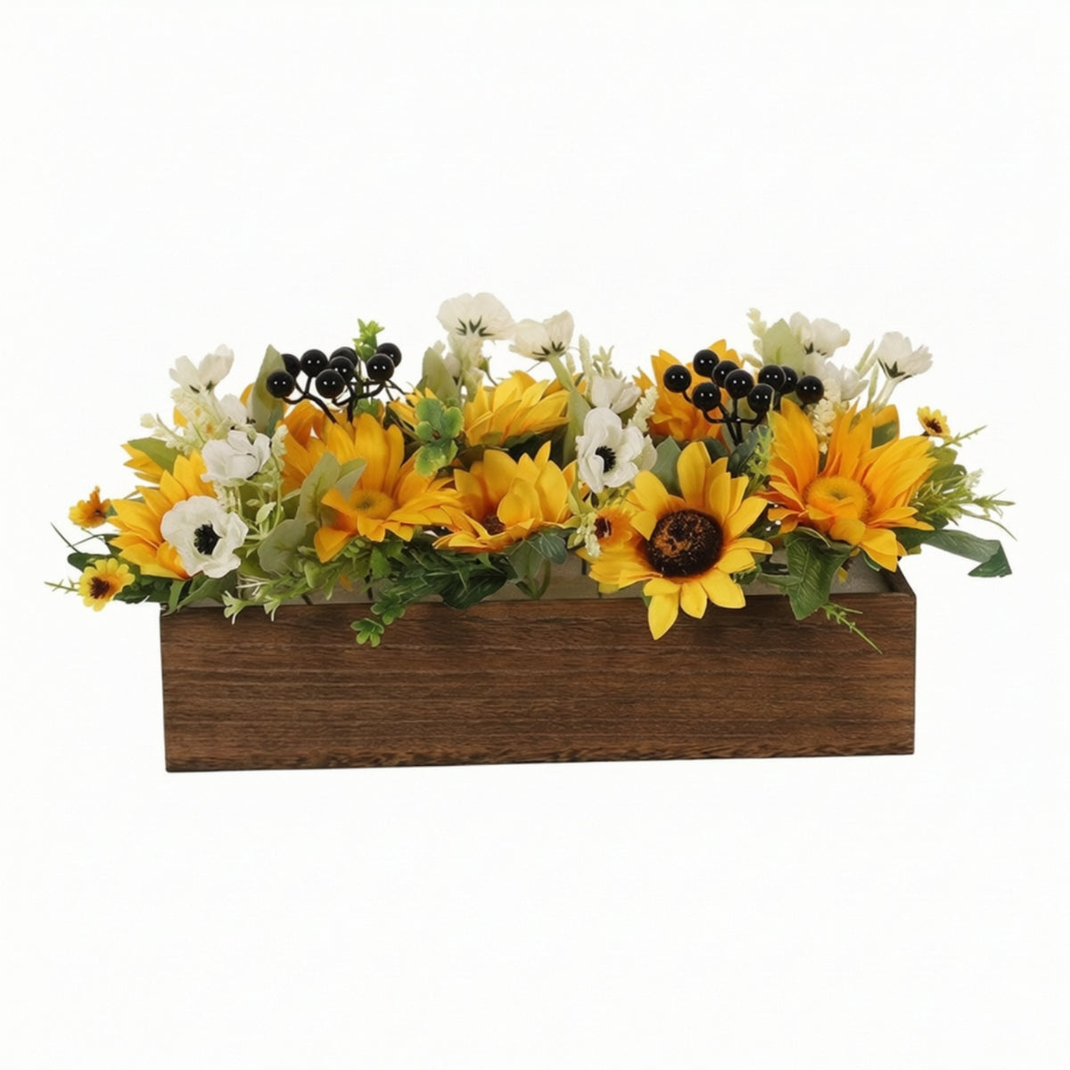 Helianthus Centerpiece with Wooden Planter Summer Floral Arrangement Decorative Decor for Shelf