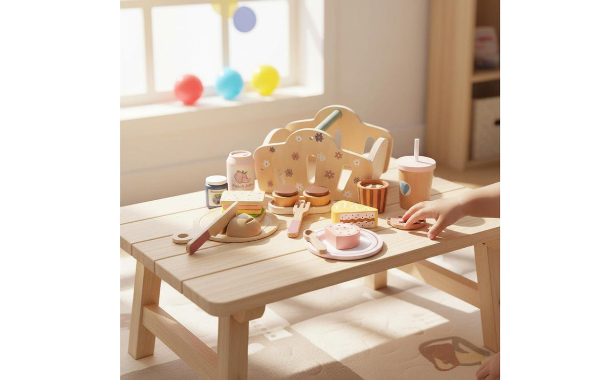Wooden Picnic Basket Toy Educational Influenced Kids Wooden Food Playset Simulation Dessert Toy Set for Young Children