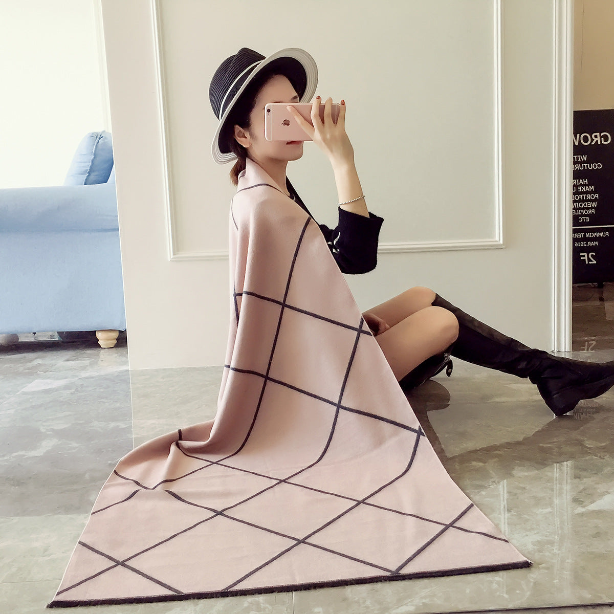 Women's Classic Korean Style Reversible Plaid Scarf, Thickened and Lengthened Faux Cashmere Warm Shawl for Autumn/Winter