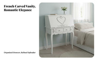 French design Carved Dressing Table with Stool and Mirror Princess Theme Vanity Set Floral Carvings Bedroom Furniture Space-Saving for Teenage Girls, Makeup lovers, Teenagers, Small Apartment, Dorm Room