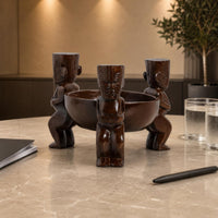 Glossy Finish Carved Figure Tray Dark Brown Sculptural Bowl Tray