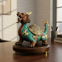 Good Luck Charm Copper Dragon Turtle Figurine Housewarming Gift Feng Shui Dragon Tortoise Hand-Cast Chinese Wealth Turtle Sculpture Lost-Modeling Casting for Business Owners, Collectors, Office, Desk, Study Room