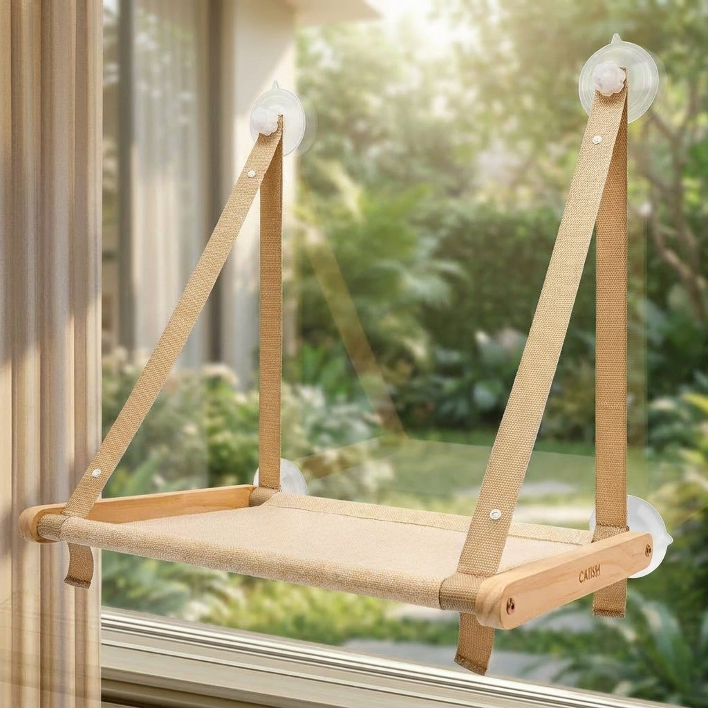 Wooden Cat Hammock Window Cat Perch, Suction Cup Cat Hammock Mounting, Wood Frame and Mesh Bed for Indoor Cat Window Sill