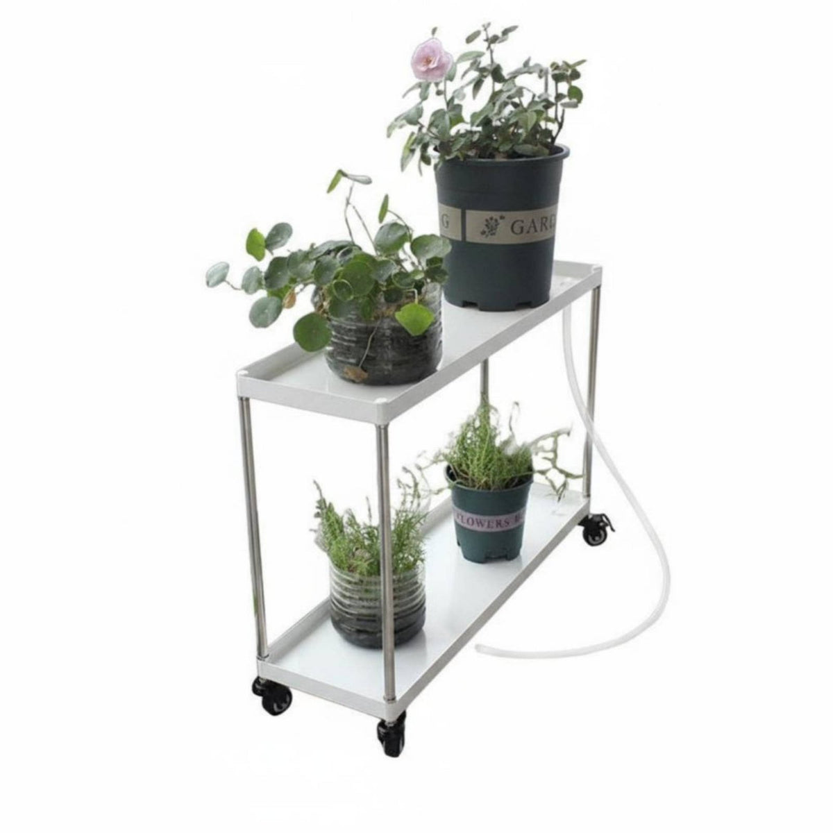 2-Tier Rolling Flower Rack With Wheels Rolling Flower Trolley Multi-Functional Easy Assembly for Gardeners, Balcony, Indoors