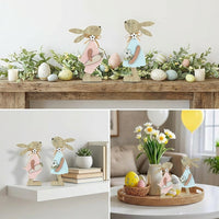 2 Pack Wooden Easter Bunny Decorations, Rustic Rabbit Figurines with Pastel Fabric & Jute Bows, Standing Table Ornaments for Spring Home Decor, Mantelpiece, Office & Tiered Tray