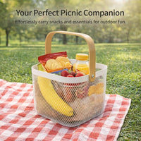 Mesh Wire Metal Storage Basket Wooden Handle, Metal Storage Basket with Handles, Modern Home Storage Basket Wooden Handles
