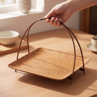 Bamboo Tray with Stand Traditional Woven Snack Platter Handmade for Tea Time, Tabletop