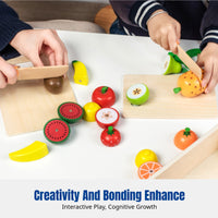 Wooden Pretend Play Kitchen Toy, Fruit & Vegetable Cutting Set for Children, Storage Box