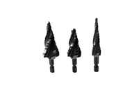 3 Pieces Imperial Sizes Step Drill Bit Set Black Oxide Finish Spiral Flute Step Drill Chip Clearing for Sheet Metal, Metalwork, Workshop