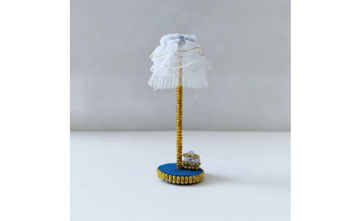 Miniature Floor Lamp White Dollhouse Light with Lace Shade 1/12 Scale for Miniaturists