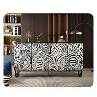Zebra Print Cabinet Multifunctional Hand-Painted Buffet Cabinet Adjustable Shelves Accent Storage Cupboard for Living Room