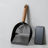 Wooden Handle 10th Gen Stainless Steel Silver Slotted Round Hole Cat Litter Scooper, 10th Gen Upgraded Carbon Steel Grey Slotted Round Hole Tool