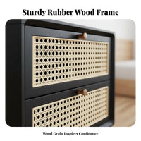 Japanese aesthetic Bedside Cabinet with Rattan Drawer Woven Front Rattan Drawer Nightstand durable Wood Legs End Table Vintage Inspired for Apartment Dwellers, Homeowners, Young Adults, Bedroom, Small Spaces, Guest Room, Home Office