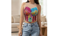 Halter Crop Top with Feathers Cropped Glitter Halter Top with See-Through Yoke Apparel Glittery Sparkling for Women