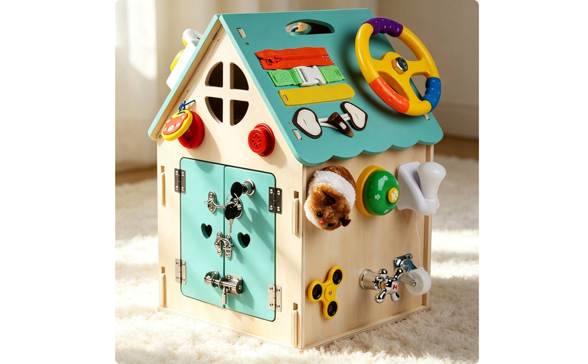 Wooden Busy House Educational Toy with Locks and Gears for Toddlers