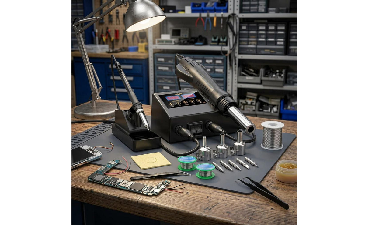 Digital Display Soldering and Hot Air Station Interchangeable Nozzles 2 in 1 Soldering Station Cleaning Sponge Workshop Equipment Space Saving Design