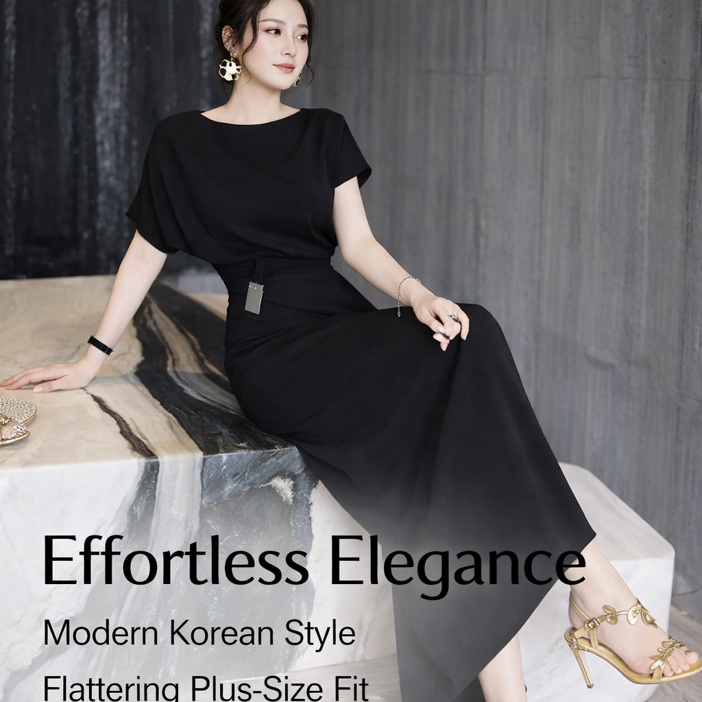 Maxi Dresses for Women UK with Three Quarter Sleeve and Round Neck, Plus Size for Curvy Korean Style Dress