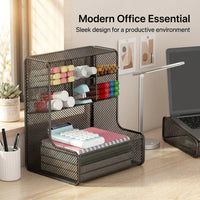 3 Tier Metal Mesh Pen Organiser for Desk, Office Desktop Organizer with Angled Stand, Carbon Steel Workspace Organization