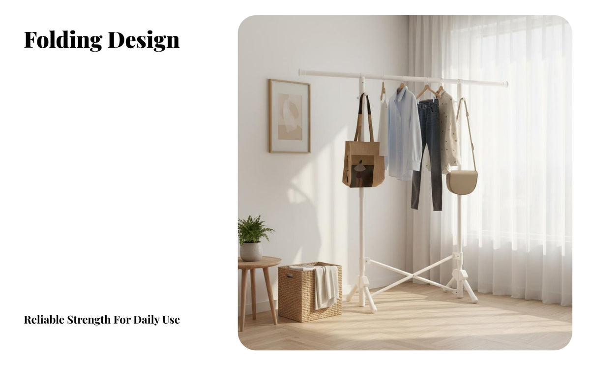 Space-Saving Foldable Clothes Rack Easy Assembly Floor Standing Clothes Hanger Installation-Complimentary Standing Laundry Drying Rack No Tools Required for Apartment Dwellers, Students, Homeowners, Balcony, Bedroom, Dorm Room, Walk-in Closet