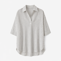 Women Striped Collared Shirt with Three Quarter Sleeves for Golf and Casual Wear, Loose Fit Pullover Top for Office and Going Out, Polyester Blend
