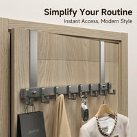 Bedroom Closet Hanging Rack with Hat Hook and Extended Arm for Students, Over the Door Organizer for Coats and Bags, Space Aluminum Material