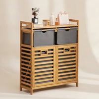 Slatted Storage Cabinet Storage Cabinet with Textile Bins Space-Saving Shelving Unit for Small Apartment