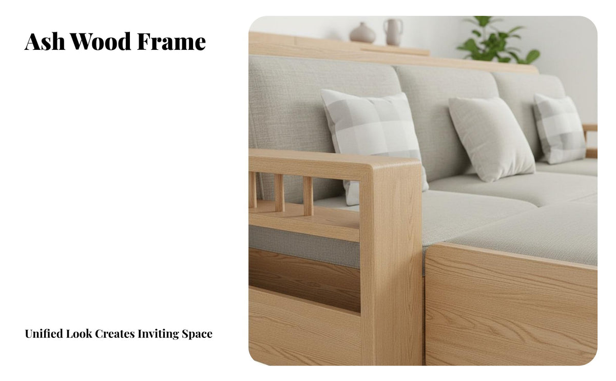 Wooden Storage Sofa Minimalist Nordic Aesthetic Ash Wood Sectional Sofa Four-Season Use L-Shaped Couch Storage Ottoman for Apartment Dwellers, Adults