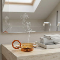 Stable Wide Base Amber Glass Incense Tray with Handle Good-Looking and Practical Incense Stick Burner Dish 9-Hole Insert Accessory for Indoor, Mindfulness Practice Studio, Meditation Room