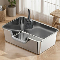 Stainless Steel Cat Toilet with Lid, Large Adult Cats Tray, Easy Cleaning Side Entry Pan for Kitten and Big Pets