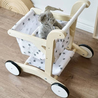 Toy Pram with Textile Basket Pretend Play Doll Stroller Wooden Toy Cart Sturdy Kids Shopping Cart Roomy for Toddlers, Playroom