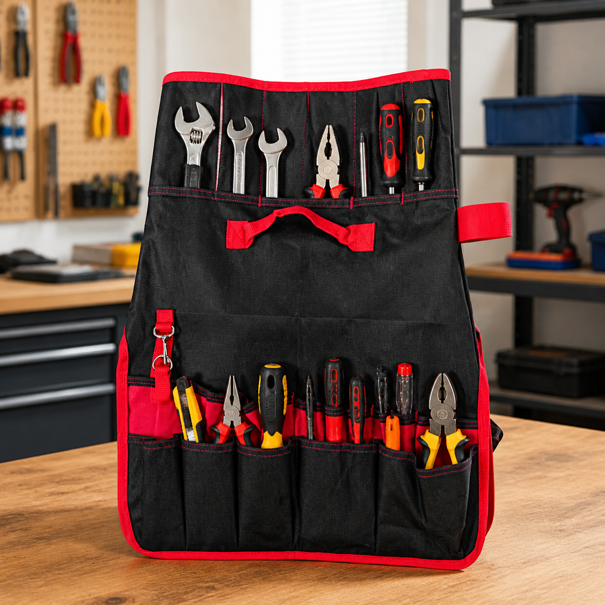 Container Tool Organizer, 31 Pockets 5 Tool Loops, Water Resistant Garden Tool Bag, 50x18x56.5cm Black & Red Tradie Tool container