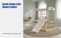 Wooden Kids Climbing Frame, Indoor Slide, Rocking Chair, Multi-Functional Play Gym, Nordic Design, Home Use