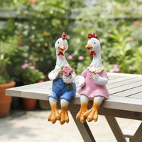 Farmhouse Chicken Couple Statues Seated Chicken Figurines with Overalls Cute Lawn Ornament Weather-Resistant for Gardeners, Balcony, Planter