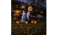 2 Pieces Freestanding Inflatable Skeleton with Pumpkin Head Spooky Inflatable Tombstone with Ghost Outdoor Halloween Inflate Decoration Scary for Lawn