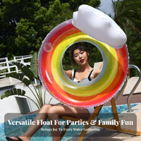 Comfortable Backrest Rainbow Glitter Pool Buoy Extra Large Double Person Swim Float Portable for Couples, Teenagers, Beach, Lake, River