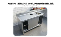 Stainless Steel Sink Workbench Built-in Garbage Disposal Opening Food Prep Station Sink Sliding Doors Commercial Kitchen Work Table for Chefs, Cafe