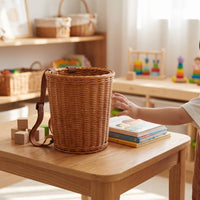 Backpack Basket Cylindrical Wicker Backpack Adjustable Picnic Basket with Shoulder Straps for Children, Kids, Picnics, Outdoor-Activity, Gardening