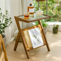 Wooden Side Table with Glass-Topped Narrow Nightstand Compact Furniture Slim for Small Apartments